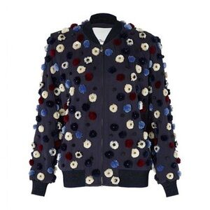 3.1 Phillip Lim Embellished Dandelion Floral Pom Pom Navy Bomber Jacket